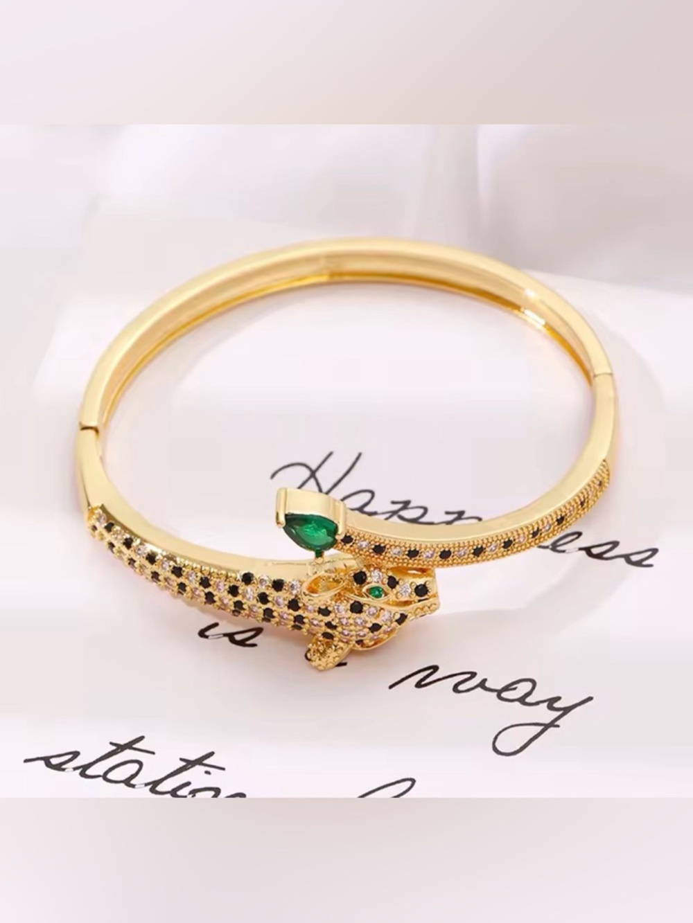 Gold-Tone Leopard Hinged Bangle Bracelet with Green Accent